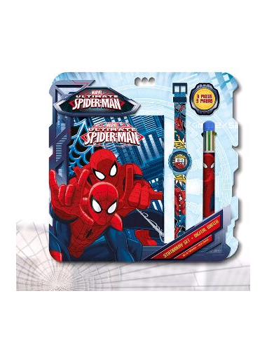 Set Spiderman cahier + montre + stylo 6 couleurs