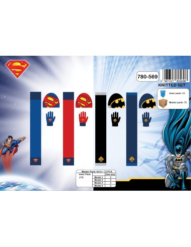 Set 3 pièces Superman + Batman bonnet + gants + echarpe Superman + Batman