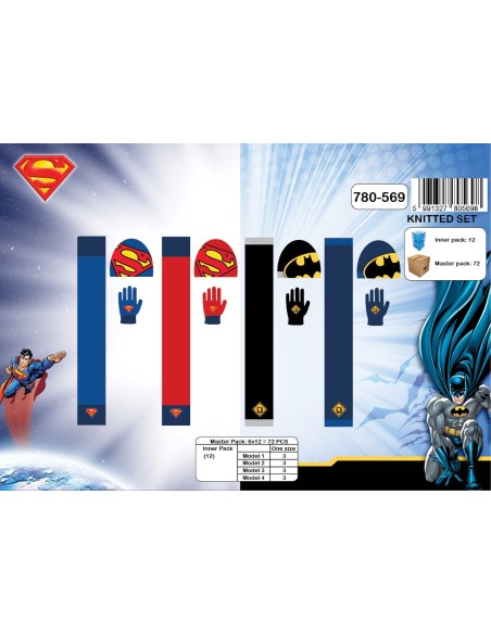 Set 3 pièces Superman + Batman bonnet + gants + echarpe Superman + Batman